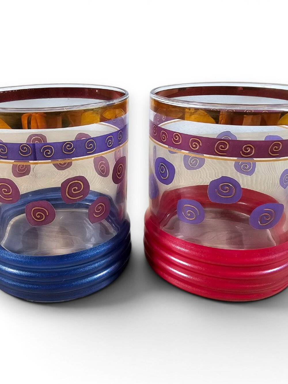 Sue Zipkin Sakura Sango Rocks Glasses Set of 2 Swirl Red Blue Gold Trim 3.5"